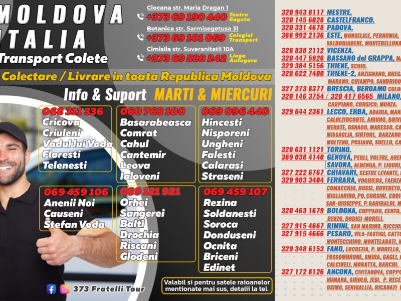 Fratelli tour. Efectuăm rute regulate Italia Moldov Italia din / în următoarele localităţi italienie