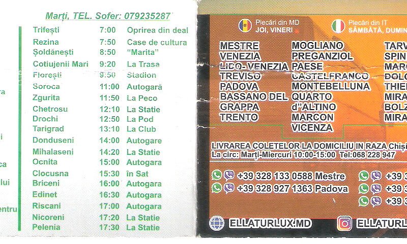 Transport colete şi pasageri Italia Moldova
